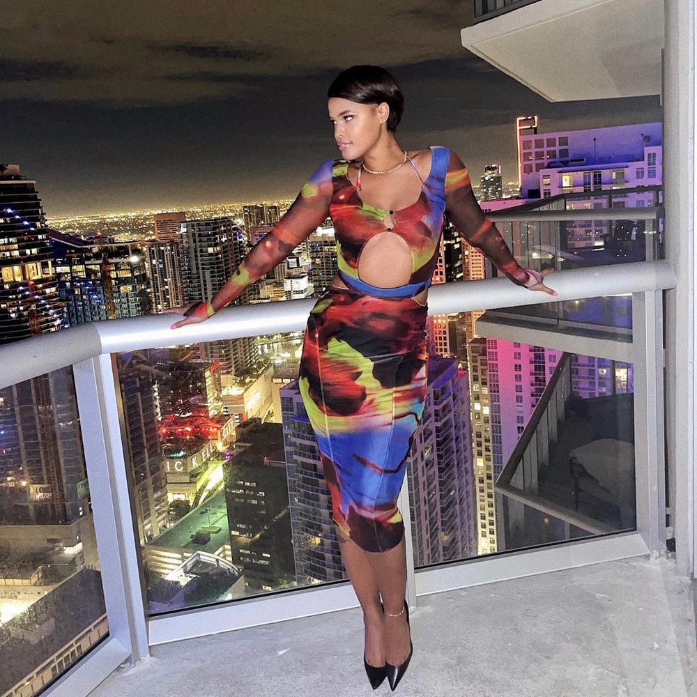 HOUSE OF CB MARINA PRINTED CUT OUT MIDI DRESS